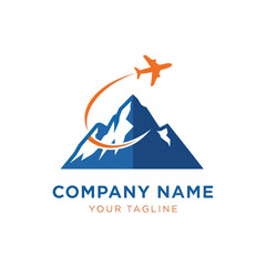 Mountain and Airplane Travel Logo Design with Curved Path and Tagline on White Background, Flat Vector Elements, Vector Illustration, Simple Vector, Stylized Vector Drawing, Vector Template, Clean