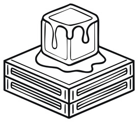 Drawing style illustration of ice cube melting on top of box. Outline sketch depicts frozen cube covered with water on a square shaped box.
