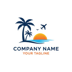 Naklejka premium Tropical Travel Logo Design featuring Palm Trees, Sunset, Ocean, Airplane, and Birds, ideal for Beach Vacation and Tourism Companies, Flat Vector Elements, Vector Illustration, Simple Vector,
