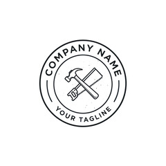 Craftsmanship Logo: Black and White Circular Emblem with Crossed Hammer and Saw, 'Company Name' and 'Your Tagline' for Construction and Handiwork Businesses, Flat Vector Elements, Vector