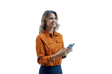 Woman smiling, looking away while holding smartphone, texting and interacting with technology, transparent background