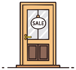 A simple cartoon illustration of a wooden door with a round 'Sale' sign hanging in the glass window