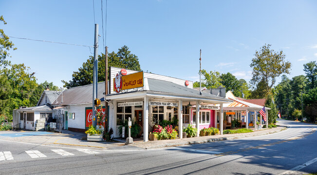 Flat Rock, North Carolina, USA-7 September 2025: Main intersection of Flat Rock, showing small group of stores. Home of Carl Sandburg