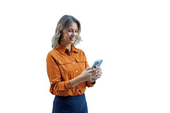 Young woman smiling, texting on smartphone, enjoying modern communication, isolated with transparent background