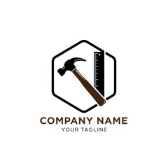 Modern Hexagonal Logo Design with Hammer and Ruler Icon, suitable for Construction, Carpentry, and Handyman Businesses, including Placeholder Text for Company Name and Tagline on White Background.,