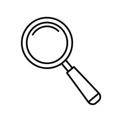 Simple black and white line drawing of a magnifying glass isolated