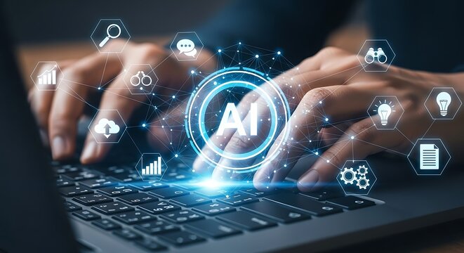 Artificial intelligence technology concept, hands typing on laptop keyboard with AI digital interface, futuristic machine learning and data processing