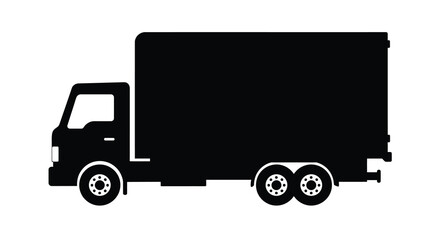 Simple black silhouette of a box truck side view isolated on white