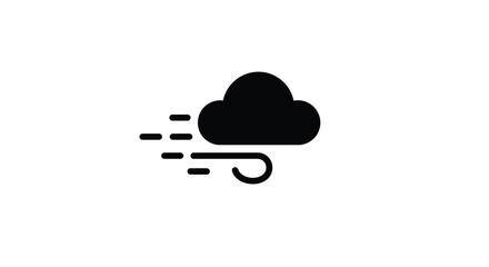 A simple black cloud icon with rain droplets and a wind gust