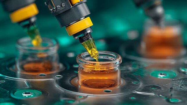 Automated pipette dispensing liquid into small glass vials in a laboratory setting - Powered by Adobe