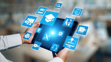 Online education icons show e-learning, online education classes, and digital study. Online education enables global online education access, flexible learning. Gist