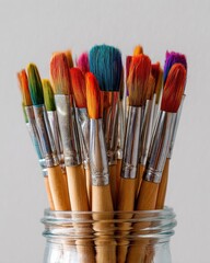 Vibrant Paintbrushes in Glass Jar, Colorful Bristles, Art Supplies Still Life