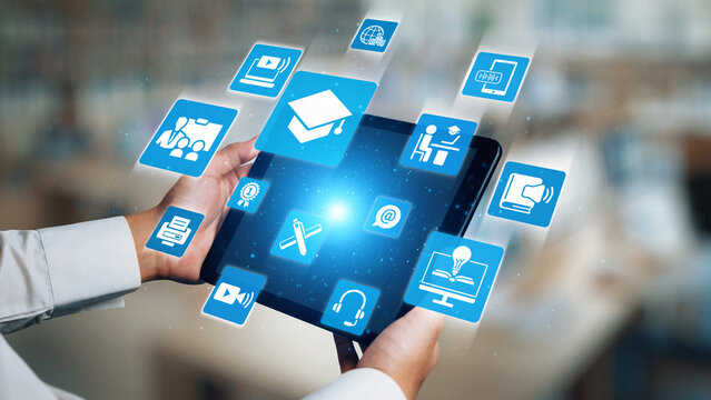 Online education icons show e-learning, online education classes, and digital study. Online education enables global online education access, flexible learning. Gist