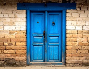 Old blue door in a brick wall