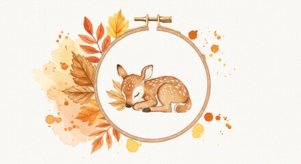 Adorable Fawn in Autumn: Whimsical Watercolor Illustration for Children's Decor
