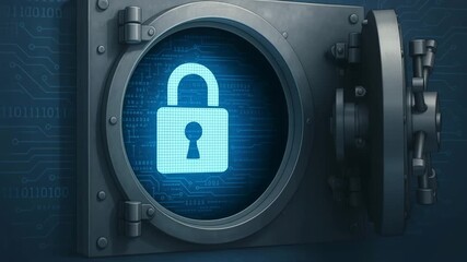 A digital vault with a glowing lock icon, symbolizing security and data protection in an advanced technology environment. - Powered by Adobe