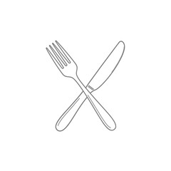 Simple line drawing of a crossed fork and knife utensil set