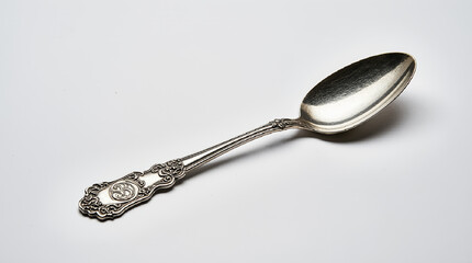 Vintage silver spoon with ornate floral handle and engraved monogram isolated on white background. AI generated.
