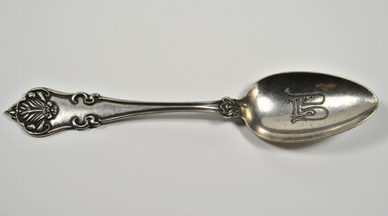 Vintage silver spoon with ornate floral handle and engraved monogram isolated on white background. AI generated.
