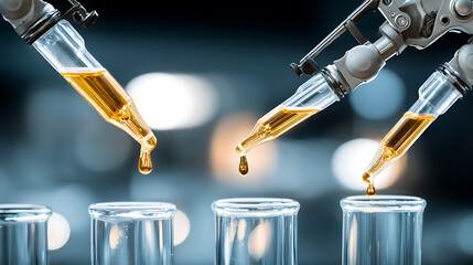 Laboratory pipettes dispensing golden liquid into test tubes under controlled conditions