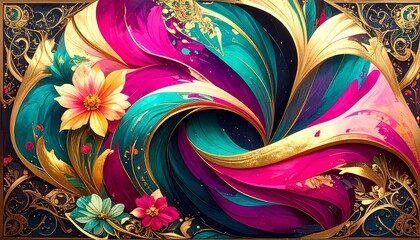 Vibrant floral swirl with ornate frame