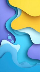 Vibrant, layered design with overlapping shapes in shades of yellow, blue, and purple, creating a dynamic, fluid effect.