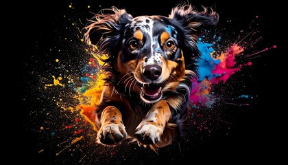Energetic dog in mid-air, vibrant paint splashes