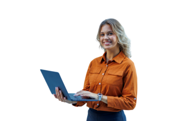 Professional businesswoman smiling, holding laptop, using technology for work, cut out on transparent background
