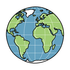 A simple cartoon illustration of a world globe showing land and water