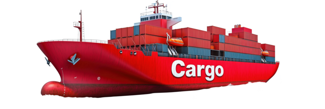 Cargo ship with containers sailing on water showcasing maritime transport, isolated on transparent background