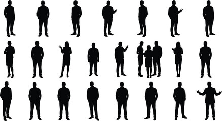 Human silhouette collection, standing poses, interaction gestures, male and female figures, posture icons, vector design, white background, body language
