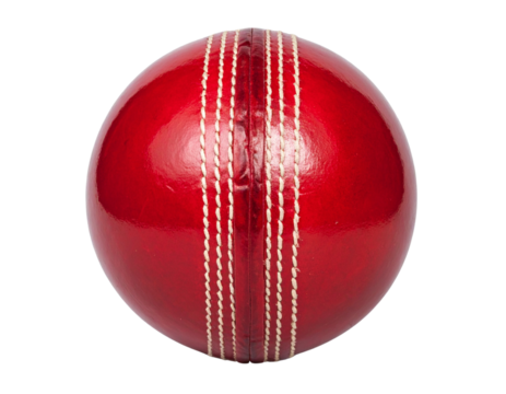 Angled Side View of Red Cricket Ball, Emphasizing Stitches and Leather Texture, isolated on transparent background. - Powered by Adobe