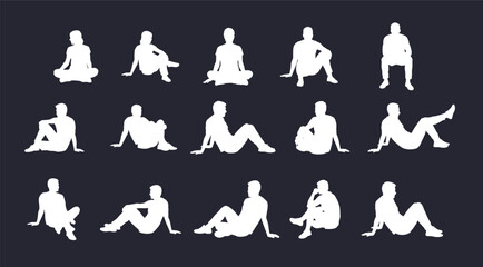 Seated posture silhouettes, expressive gesture icons, white human figures, ergonomic sitting poses, vector design, dark background, body language