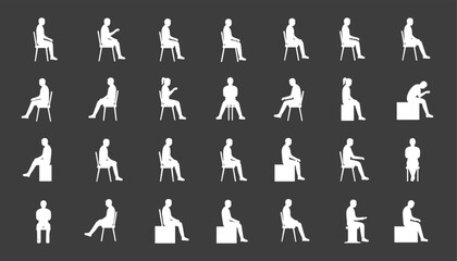 Seated posture silhouettes, emotional gesture icons, ergonomic sitting figures, white outline set, vector design, dark gray background, body language