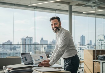 Fototapeta premium Bearded businessman in a modern office setting reviewing documents at his desk with a cityscape visible through large windows