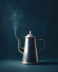 Steaming Silver Kettle on Dark Background