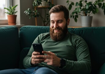 A bearded man relaxing on a teal sofa engaged with his smartphone amidst lush greenery