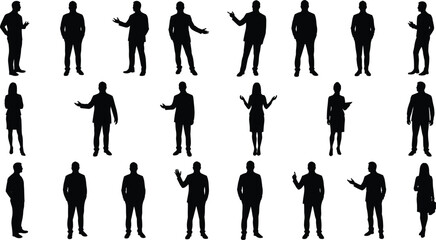 Standing silhouette collection, professional gesture icons, male and female figures, posture reference, business poses, vector design, white background