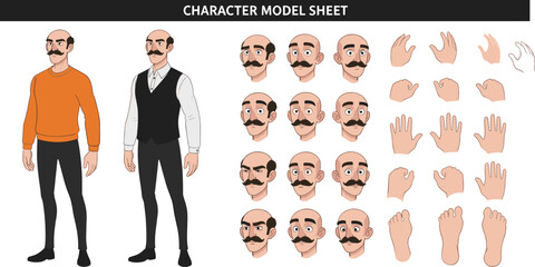 Character model sheet, cartoon man, facial expressions, hand gestures, foot poses, vector illustration, animation reference, design template, character turnaround, emotion chart