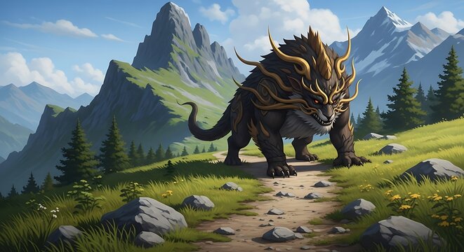 Majestic Lion-Dragon Hybrid Roaming the Verdant Mountain Landscape.