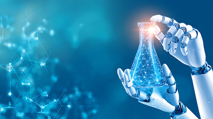 Robotic hands holding a glowing chemical flask with molecular structures in a blue scientific background