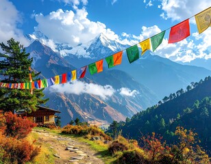 Mountain vista with prayer flags and a hut