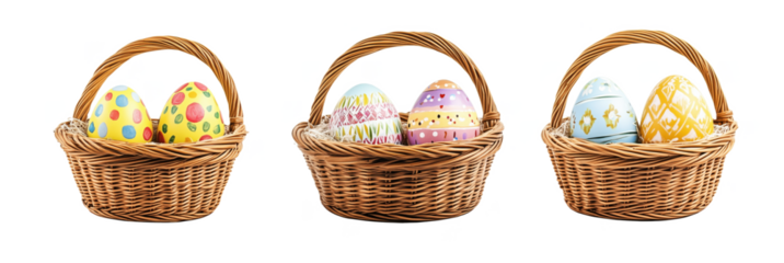 Colorful Easter eggs in decorative baskets for festive celebrations, for design template