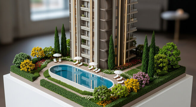 Architectural scale model of a modern residential high-rise building with a swimming pool and beautifully landscaped grounds, depicting contemporary urban living
