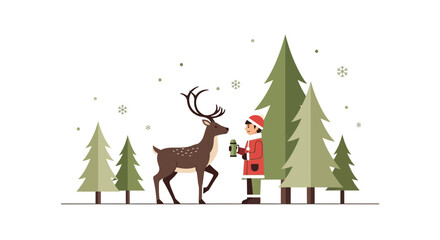 Naklejka premium Winter Delight: Friendly Encounter Between Person And Majestic Reindeer In a Forest Snowfall Scene