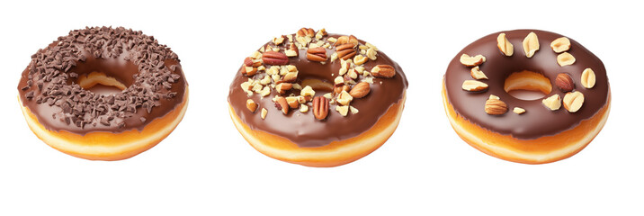 Delicious chocolate donuts with toppings including nuts and sprinkles, cut out object