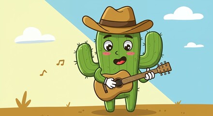 Cactus playing guitar cartoon illustration
