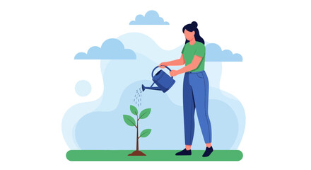 Woman Nurturing Small Tree with Water, Illustrating Growth and Environmental Stewardship Effort