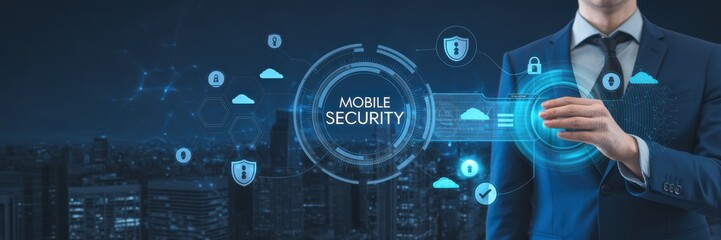 Cyber Guardian: A sharp-dressed executive engages with an interactive digital interface, highlighting cybersecurity measures. This symbolizes protection, innovation.