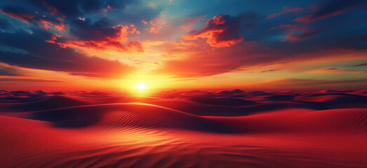 Fototapeta premium Stunning sunset over vast desert landscape with rolling sand dunes and vibrant colors, flat lay composition